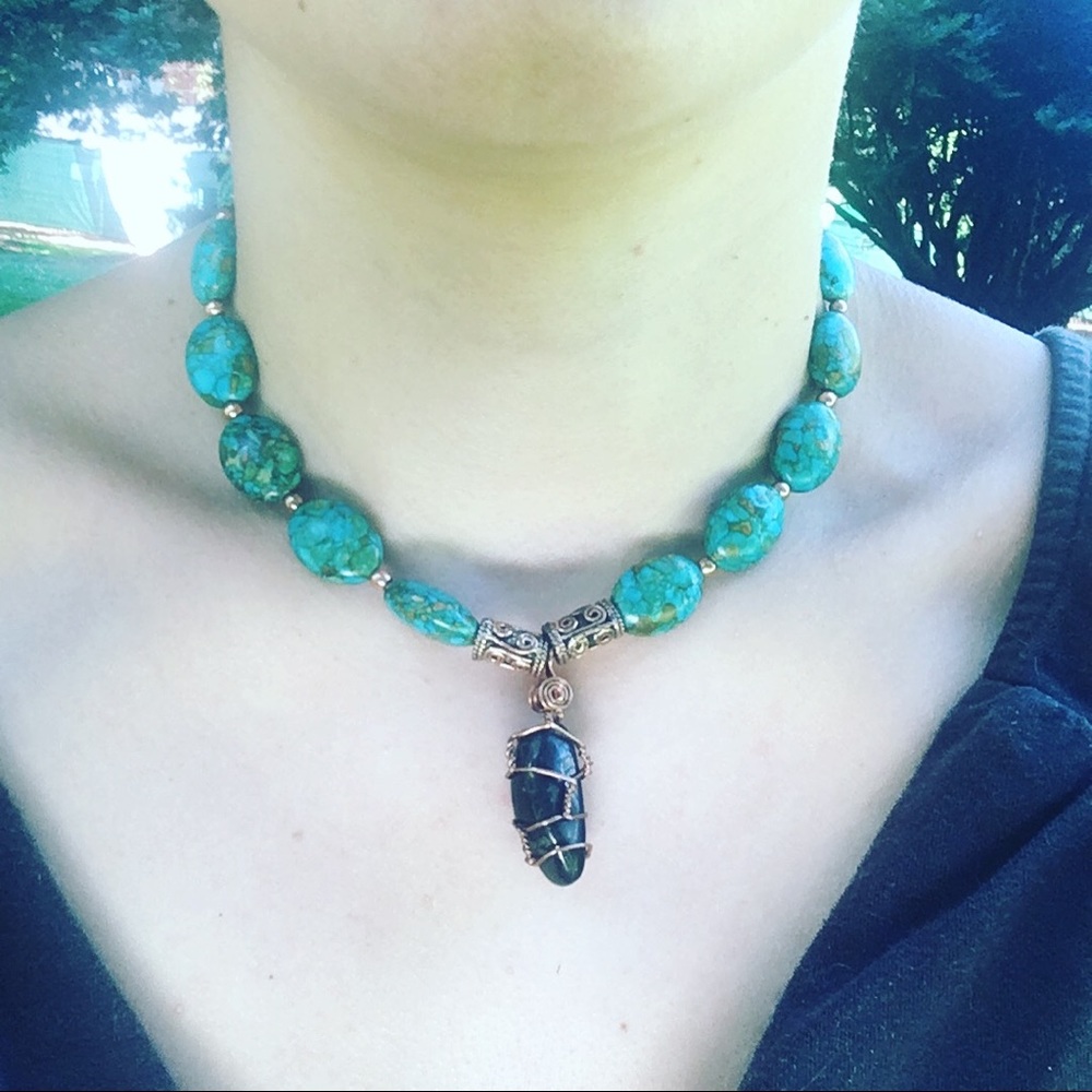 Turquoise Magnesite and shungite necklace
